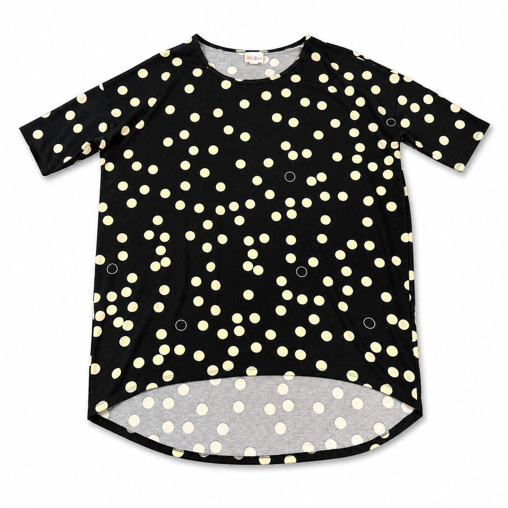 LuLaRoe Irma Tunic Top Womens M Black Cream Polka Dot High Low Stretch Elbow